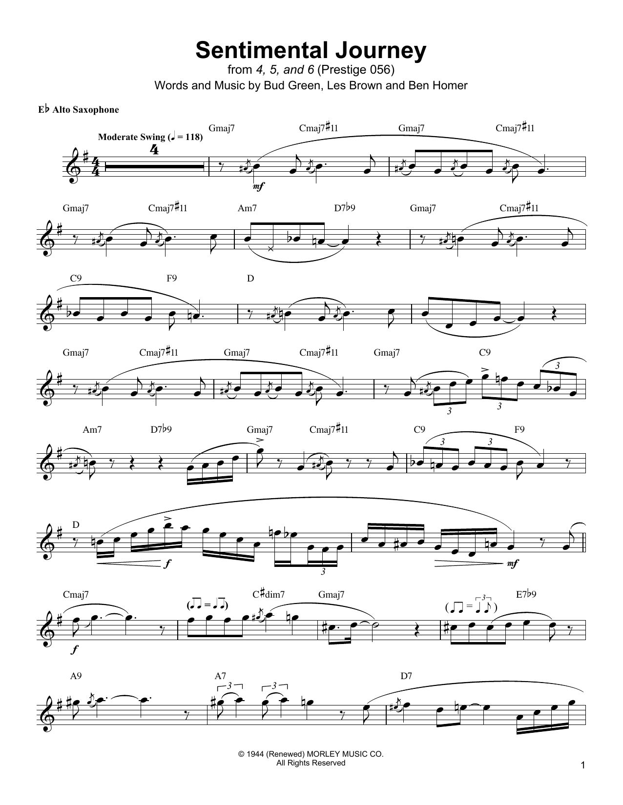 Download Jackie McLean Sentimental Journey Sheet Music and learn how to play Alto Sax Transcription PDF digital score in minutes