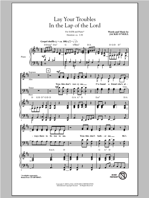 Download Jackie O'Neill Lay Your Troubles In The Lap Of The Lord Sheet Music and learn how to play SATB PDF digital score in minutes