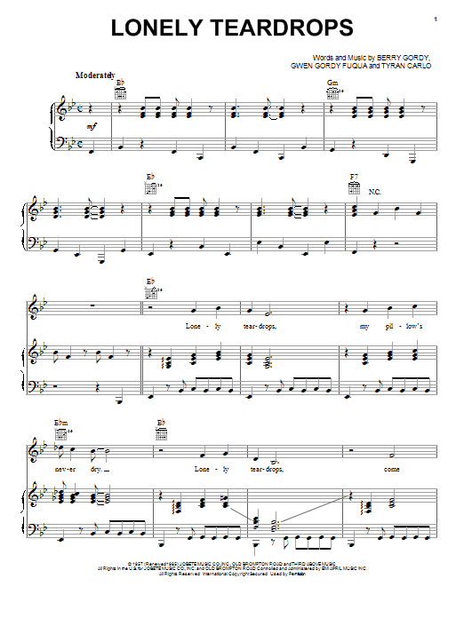 Download Jackie Wilson Lonely Teardrops Sheet Music and learn how to play Melody Line, Lyrics & Chords PDF digital score in minutes