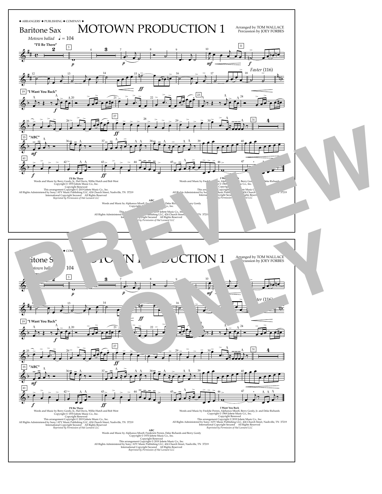 Download Jackson 5 Motown Production 1(arr. Tom Wallace) - Baritone Sax Sheet Music and learn how to play Marching Band PDF digital score in minutes