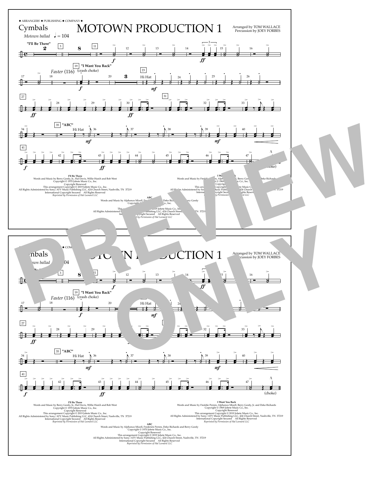 Download Jackson 5 Motown Production 1(arr. Tom Wallace) - Cymbals Sheet Music and learn how to play Marching Band PDF digital score in minutes