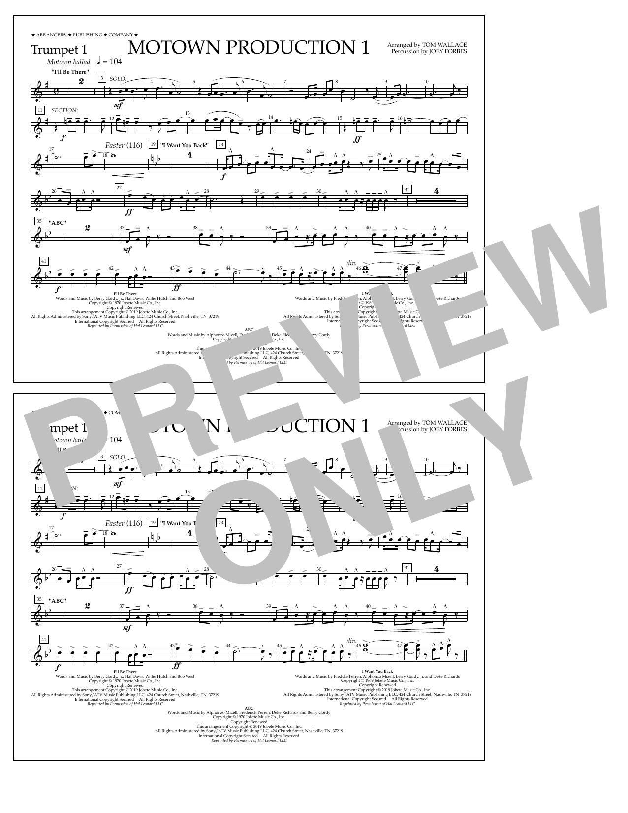 Download Jackson 5 Motown Production 1(arr. Tom Wallace) - Trumpet 1 Sheet Music and learn how to play Marching Band PDF digital score in minutes