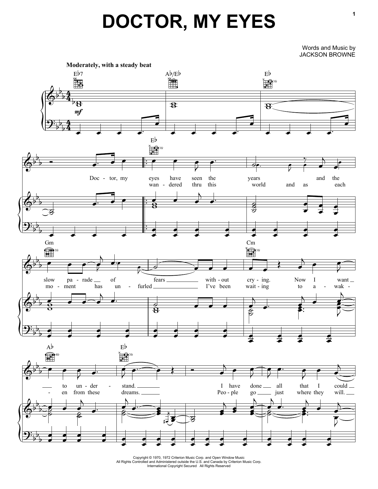 Download Jackson Browne Doctor, My Eyes Sheet Music and learn how to play Piano, Vocal & Guitar (Right-Hand Melody) PDF digital score in minutes