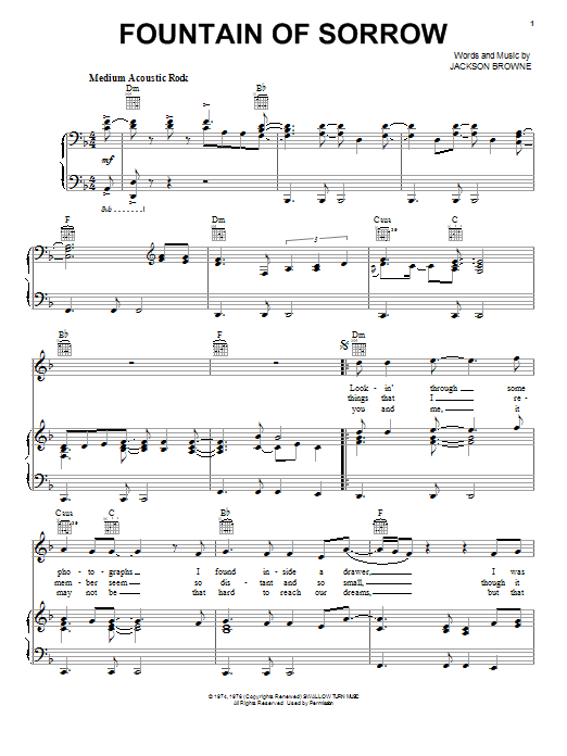 Download Jackson Browne Fountain Of Sorrow Sheet Music and learn how to play Piano, Vocal & Guitar (Right-Hand Melody) PDF digital score in minutes