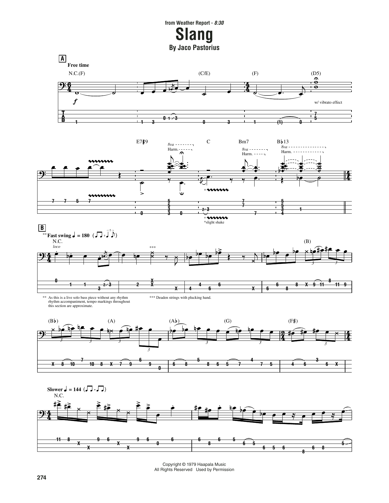 Download Jaco Pastorius & Rashid Ali Slang Sheet Music and learn how to play Bass Guitar Tab PDF digital score in minutes