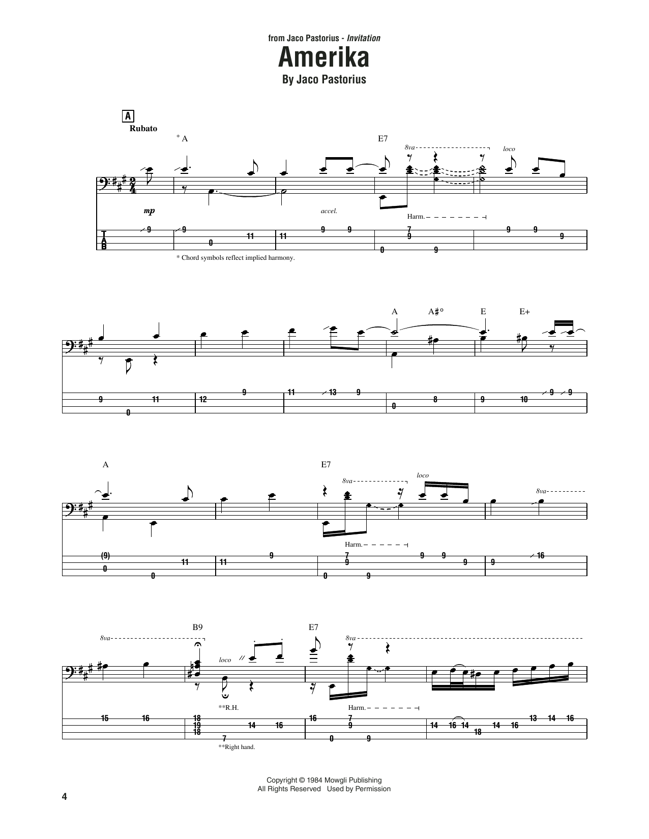 Download Jaco Pastorius Amerika Sheet Music and learn how to play Bass Guitar Tab PDF digital score in minutes