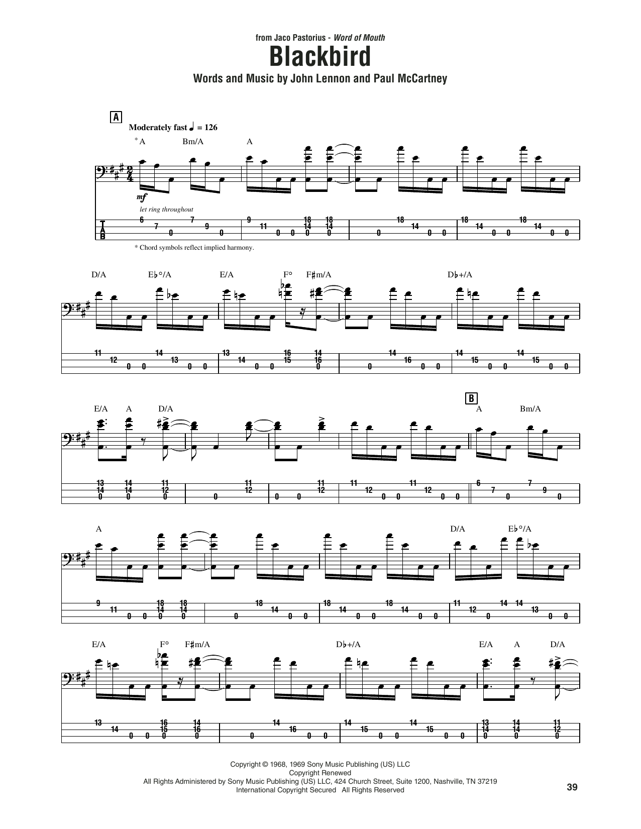 Download Jaco Pastorius Blackbird Sheet Music and learn how to play Bass Guitar Tab PDF digital score in minutes
