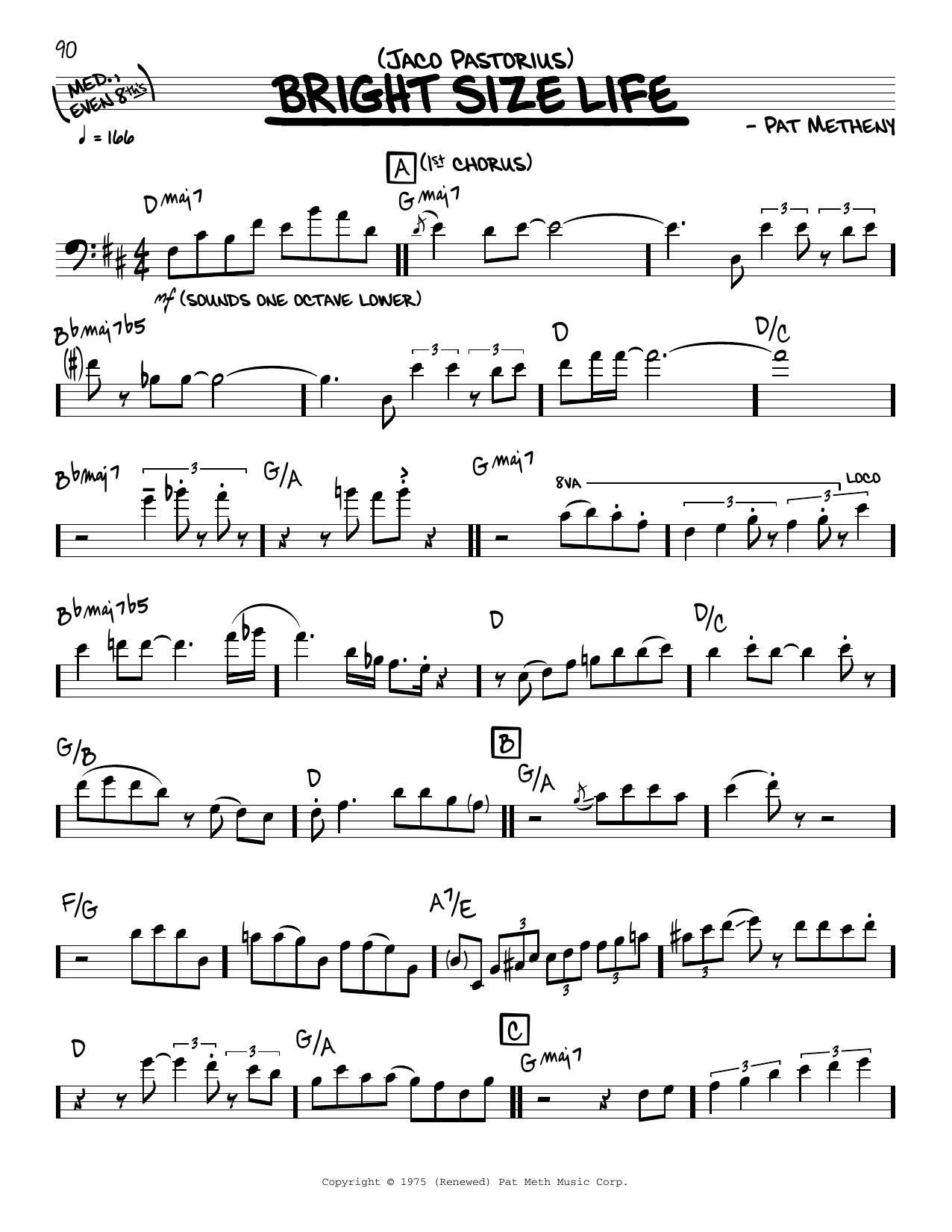 Download Jaco Pastorius Bright Size Life (solo only) Sheet Music and learn how to play Real Book – Melody & Chords PDF digital score in minutes
