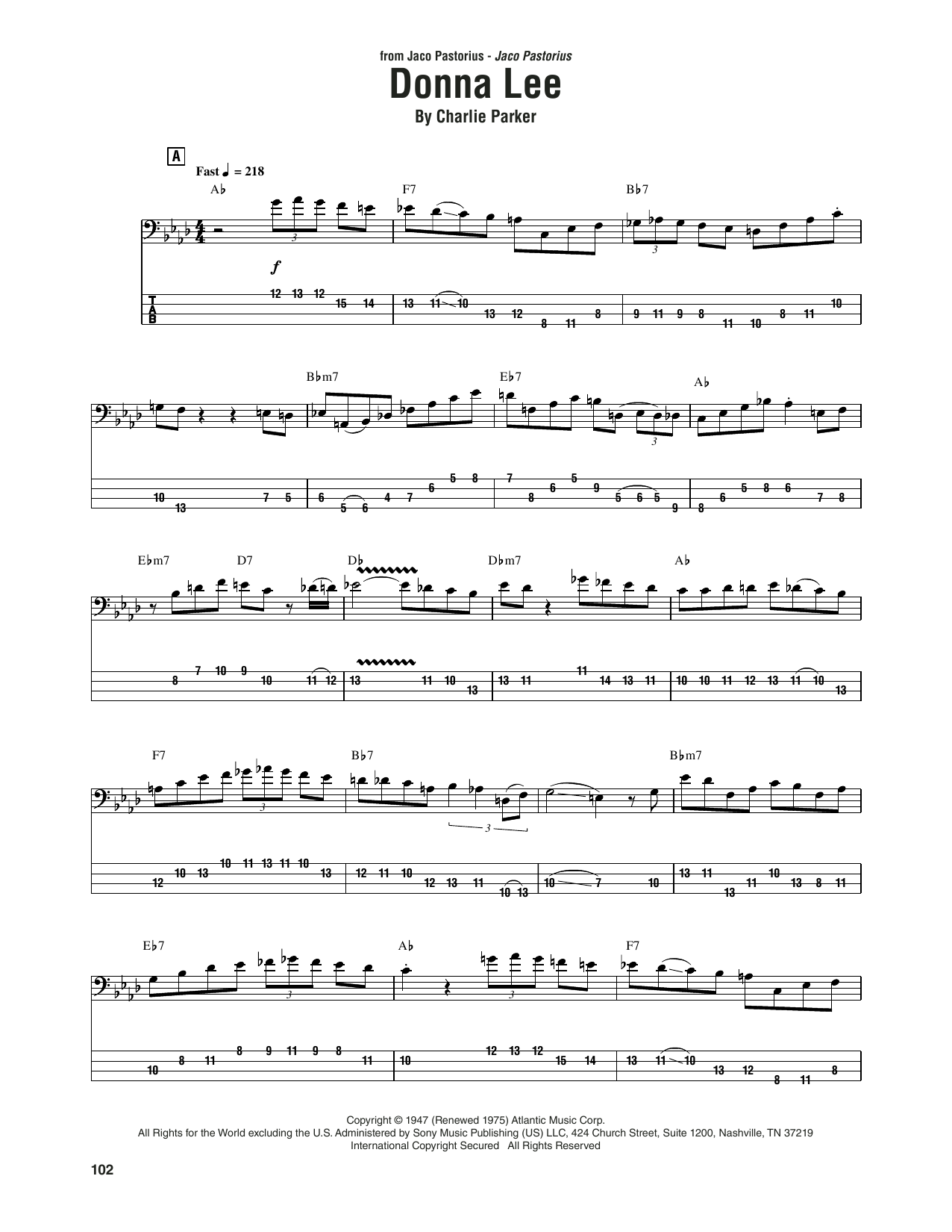 Download Jaco Pastorius Donna Lee Sheet Music and learn how to play Bass Guitar Tab PDF digital score in minutes