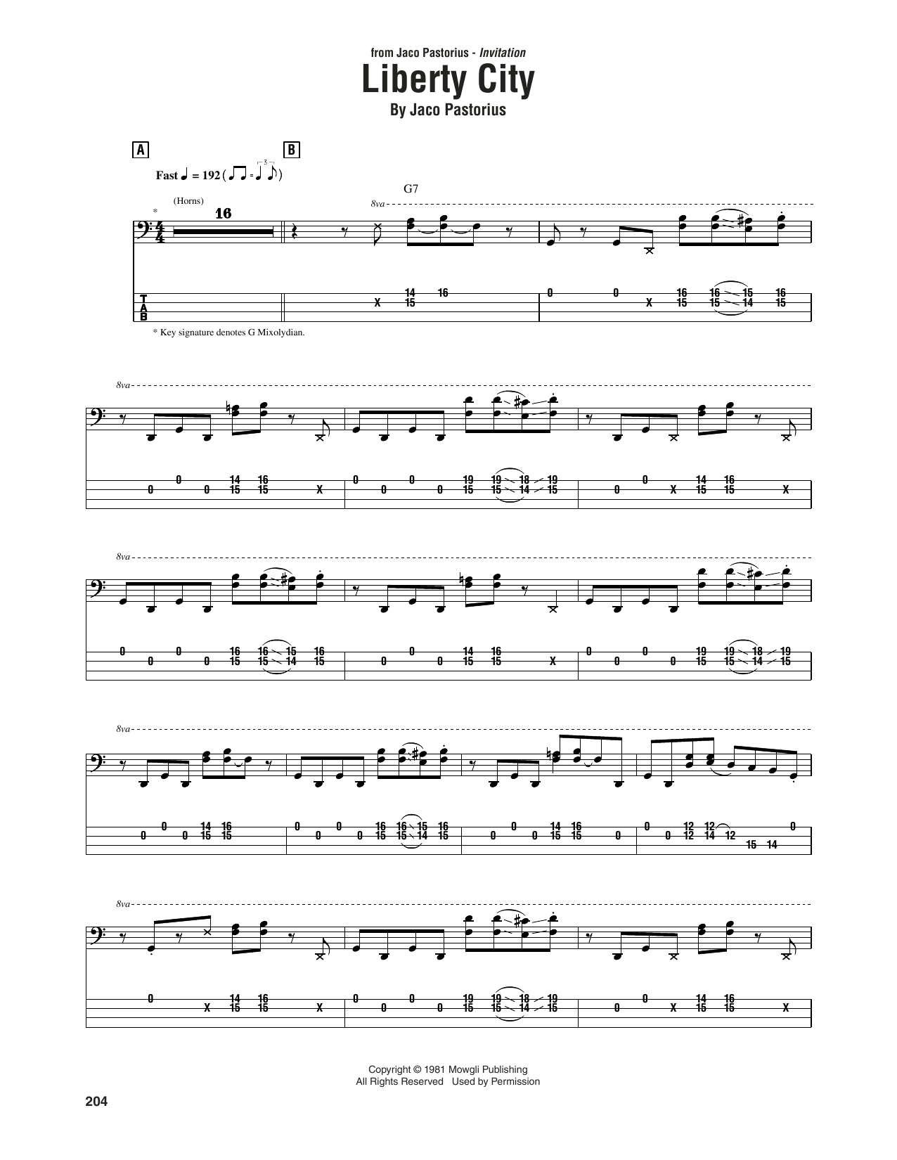 Download Jaco Pastorius Liberty City Sheet Music and learn how to play Bass Guitar Tab PDF digital score in minutes