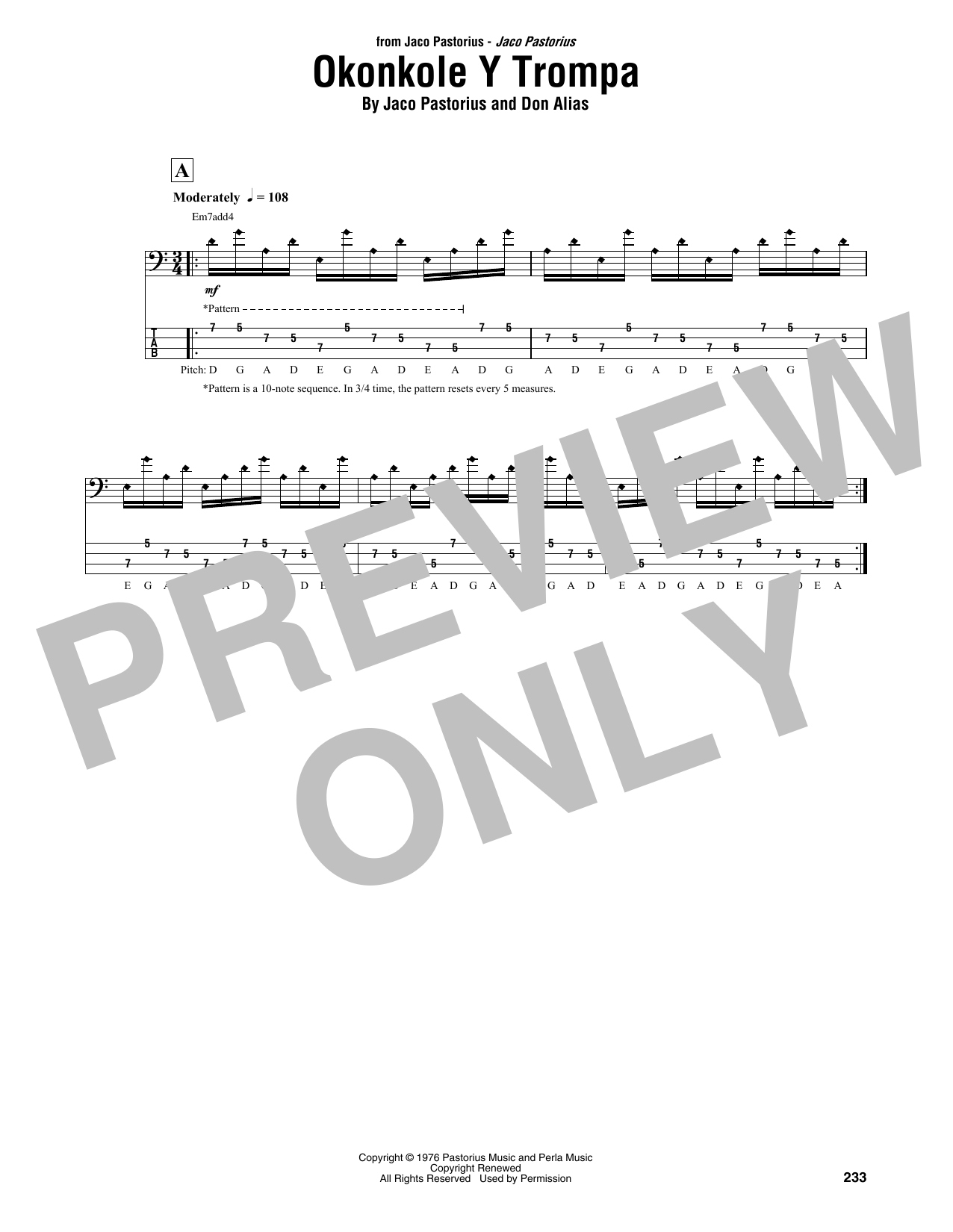 Download Jaco Pastorius Okonkole Y Trompa Sheet Music and learn how to play Bass Guitar Tab PDF digital score in minutes