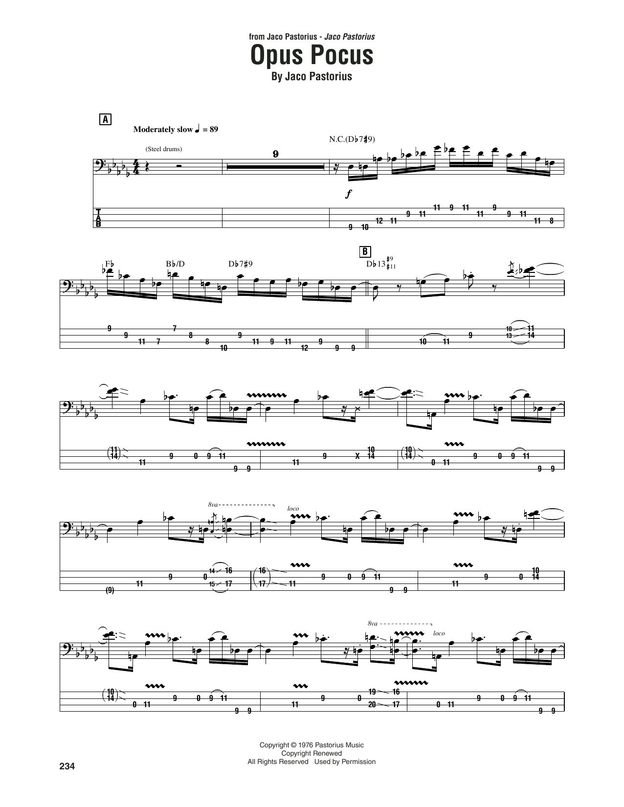 Download Jaco Pastorius Opus Pocus Sheet Music and learn how to play Bass Guitar Tab PDF digital score in minutes