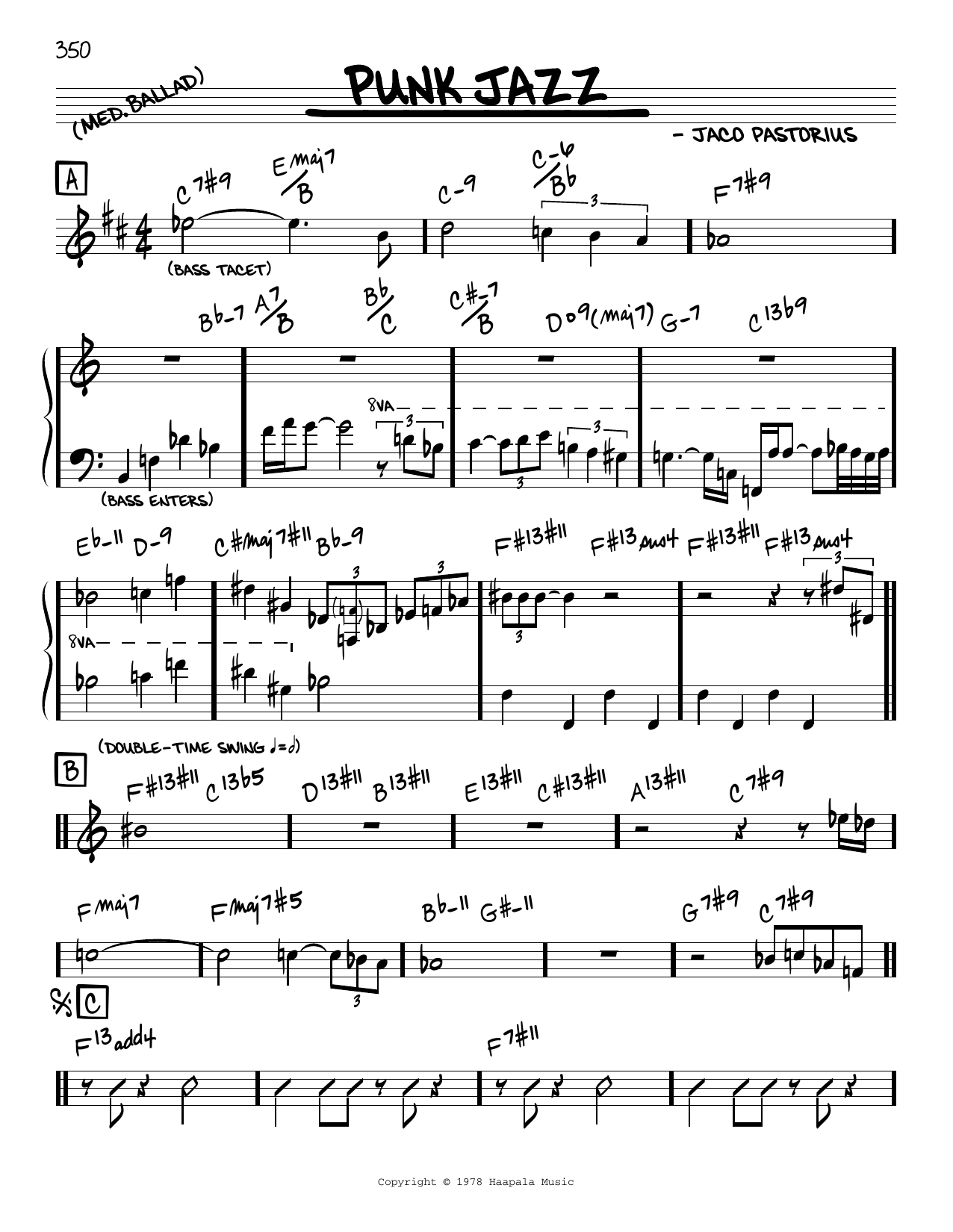 Download Jaco Pastorius Punk Jazz Sheet Music and learn how to play Real Book – Melody & Chords PDF digital score in minutes