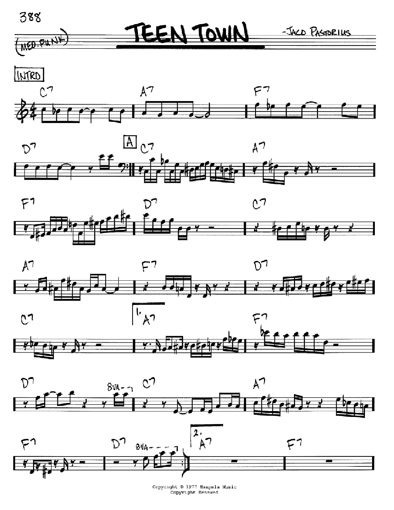 Download Jaco Pastorius Teen Town Sheet Music and learn how to play Real Book - Melody & Chords - C Instruments PDF digital score in minutes