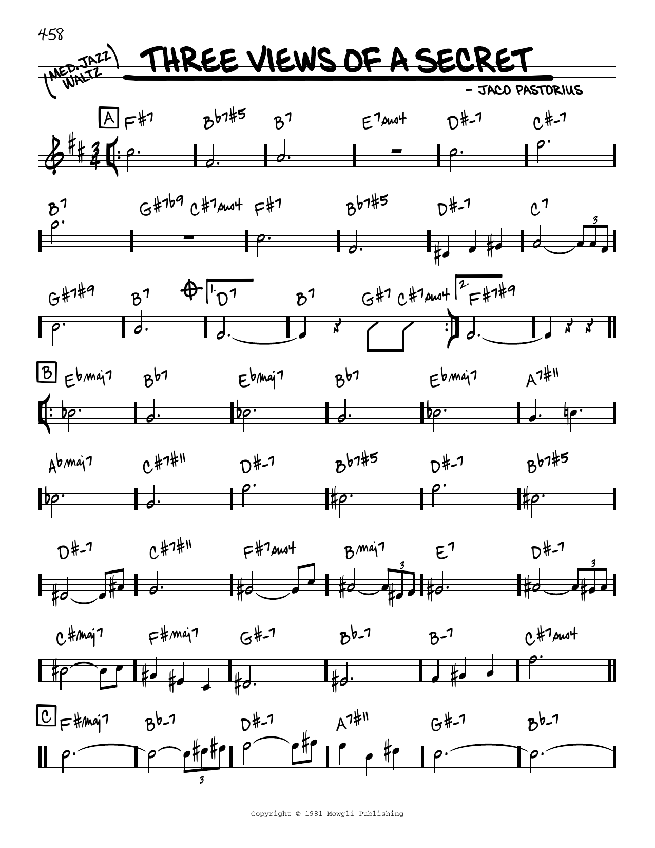 Download Jaco Pastorius Three Views Of A Secret Sheet Music and learn how to play Bass Guitar Tab PDF digital score in minutes