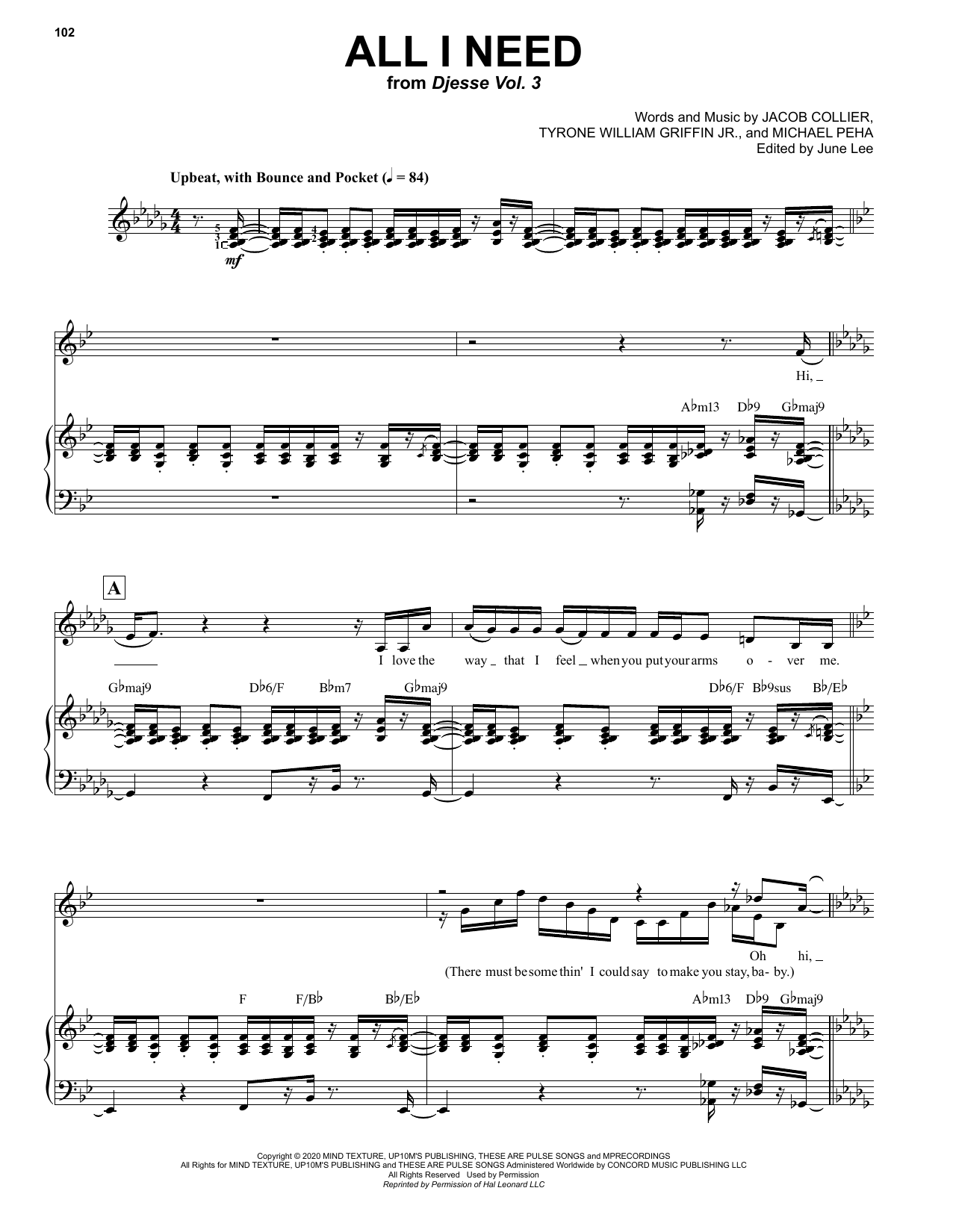 Download Jacob Collier All I Need (with Mahalia & Ty Dolla $ign) Sheet Music and learn how to play Piano & Vocal PDF digital score in minutes
