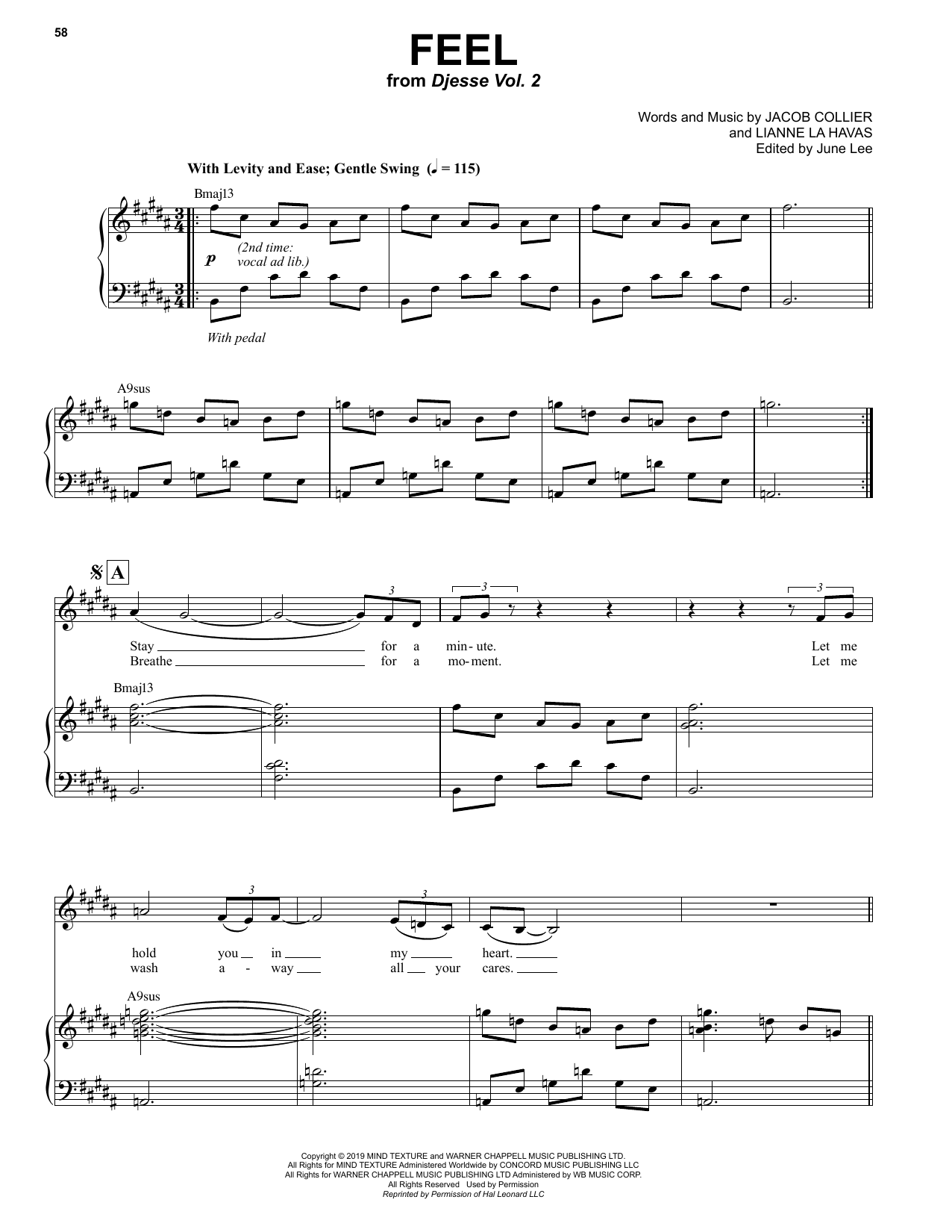 Download Jacob Collier Feel (feat. Lianne La Havas) Sheet Music and learn how to play Piano & Vocal PDF digital score in minutes