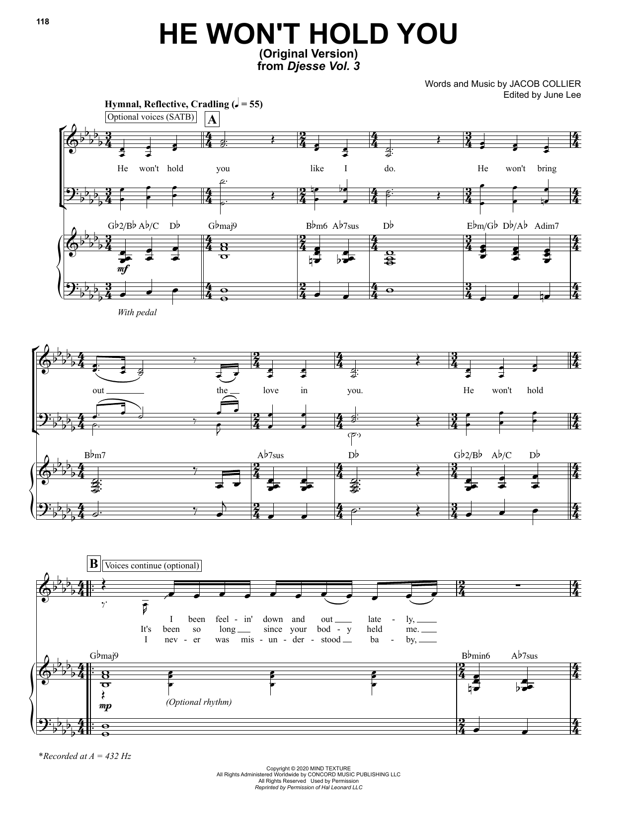 Download Jacob Collier He Won't Hold You (Original Version) Sheet Music and learn how to play Piano & Vocal PDF digital score in minutes