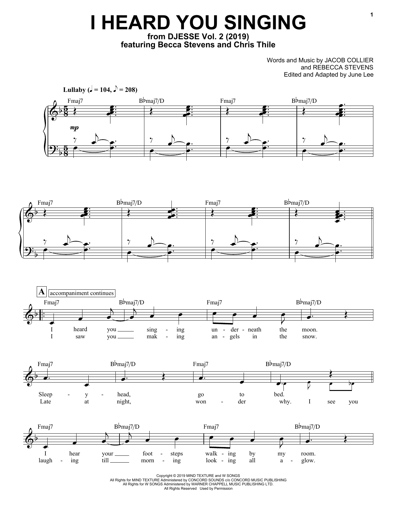 Download Jacob Collier I Heard You Singing (feat. Becca Stevens & Chris Thile) Sheet Music and learn how to play Piano & Vocal PDF digital score in minutes