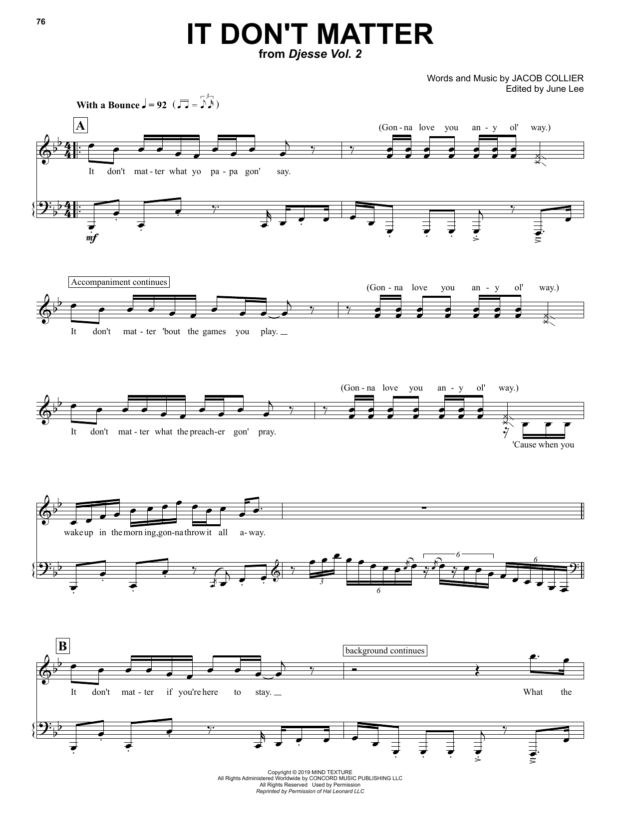 Download Jacob Collier It Don't Matter (feat. JoJo) Sheet Music and learn how to play Piano & Vocal PDF digital score in minutes