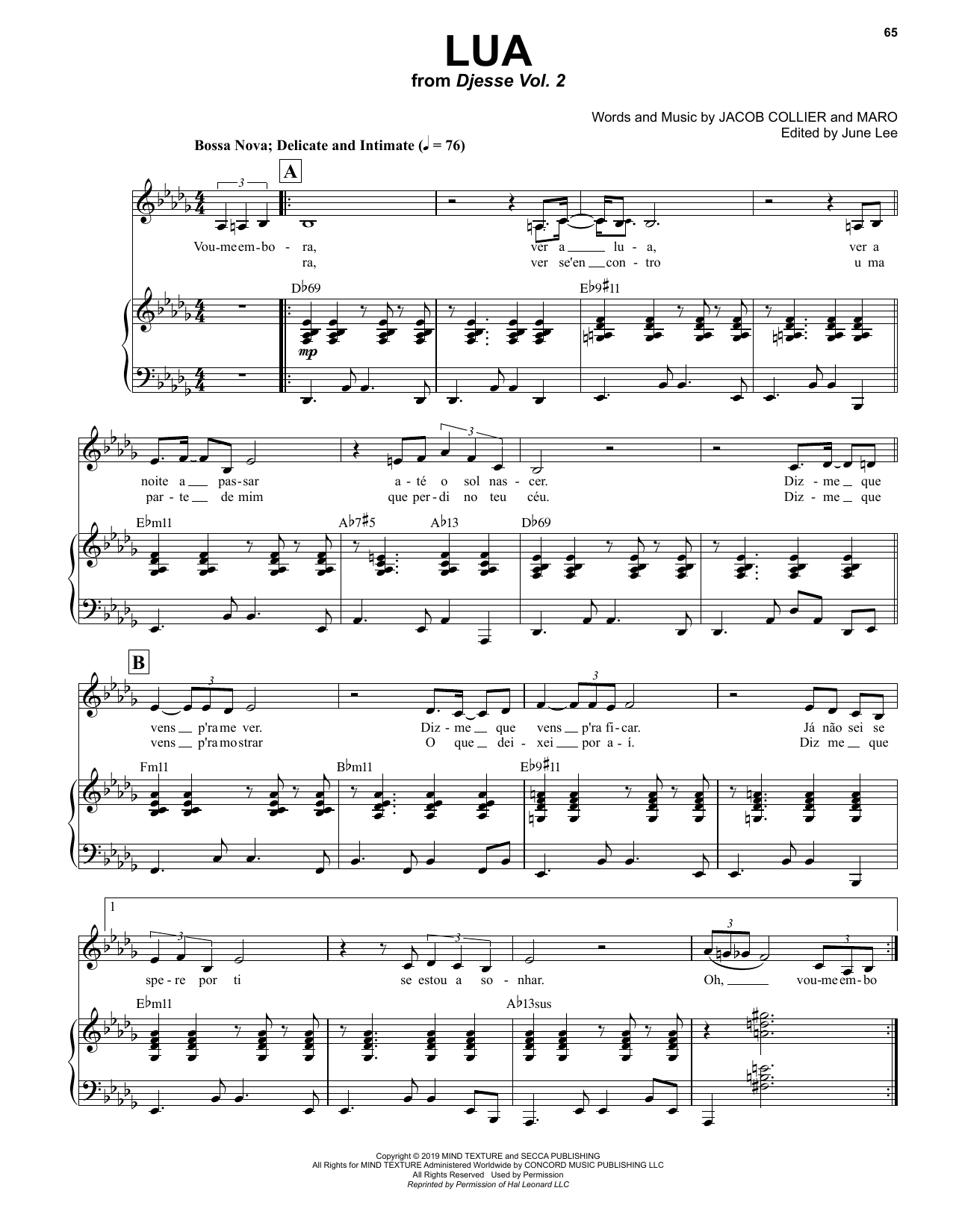 Download Jacob Collier Lua (feat. MARO) Sheet Music and learn how to play Piano & Vocal PDF digital score in minutes