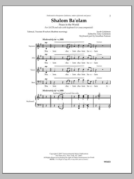 Download Jacob Goldstein Shalom Ba'olam Sheet Music and learn how to play SATB Choir PDF digital score in minutes