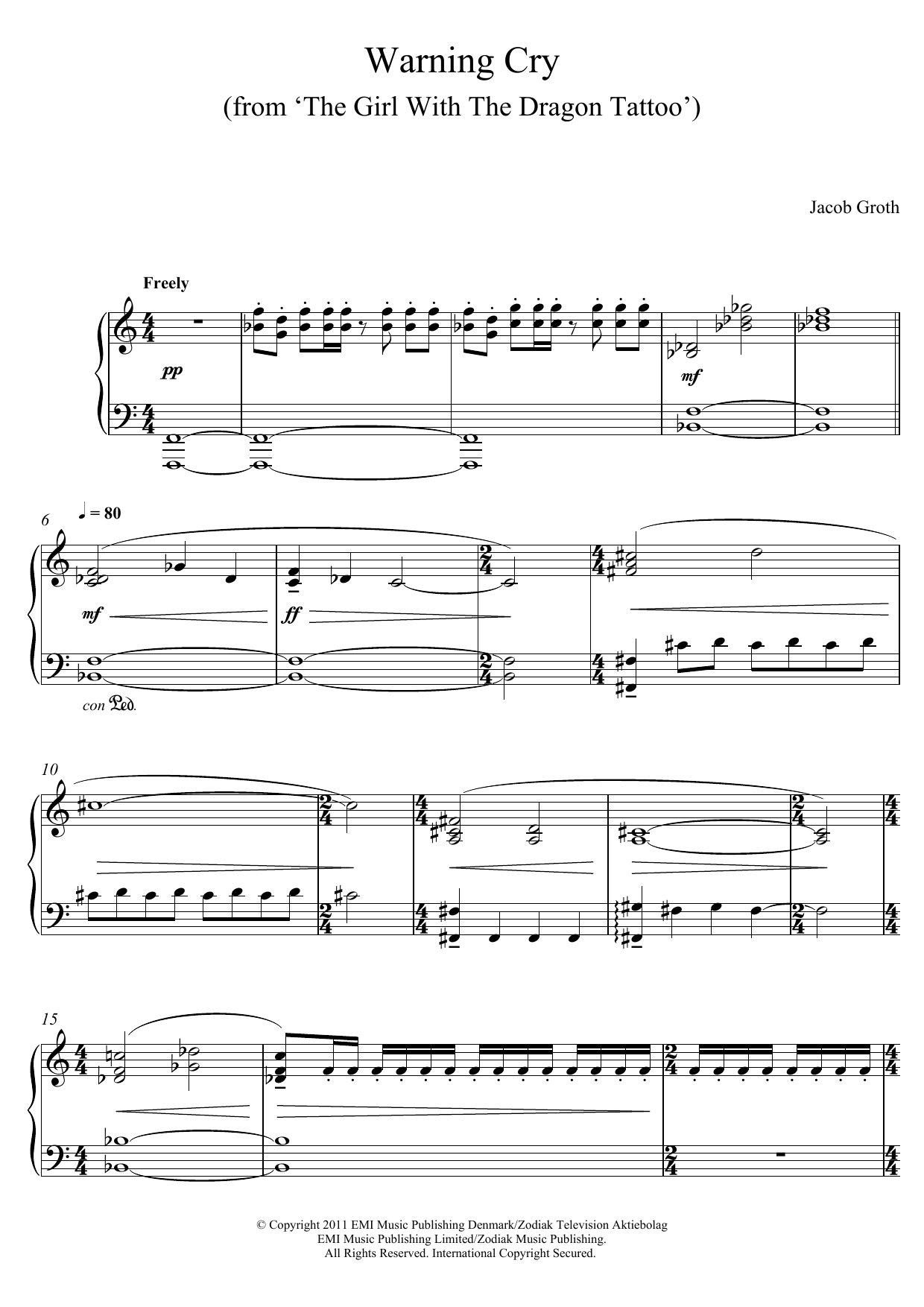 Download Jacob Groth Warning Cry (From 'The Girl With A Dragon Tattoo') Sheet Music and learn how to play Piano PDF digital score in minutes