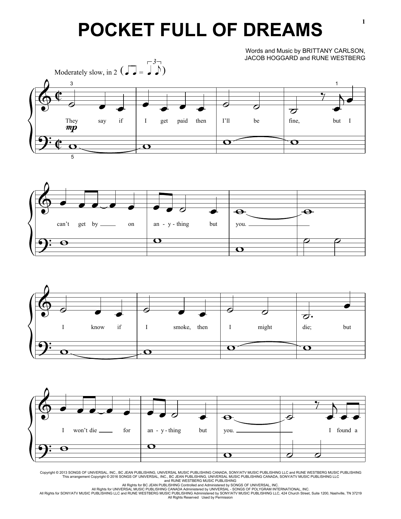 Download Hedley Pocket Full Of Dreams Sheet Music and learn how to play Piano (Big Notes) PDF digital score in minutes