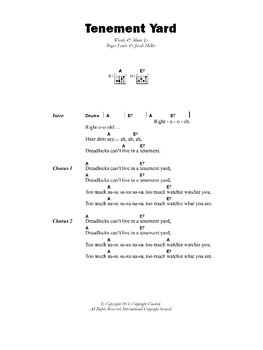 Download Jacob Miller Tenement Yard Sheet Music and learn how to play Lyrics & Chords PDF digital score in minutes