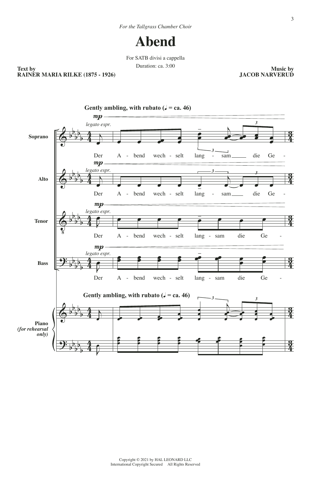 Download Jacob Narverud Abend Sheet Music and learn how to play SATB Choir PDF digital score in minutes