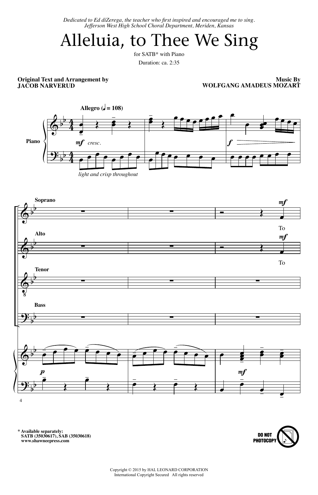 Download Wolfgang Amadeus Mozart Alleluia, To Thee We Sing (arr. Jacob Narverud) Sheet Music and learn how to play SATB PDF digital score in minutes