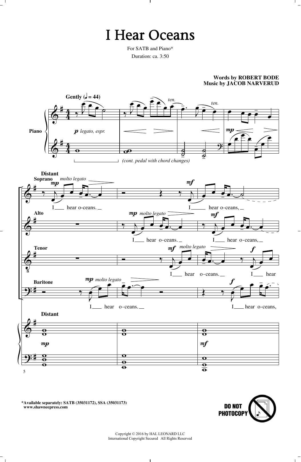 Download Jacob Narverud I Hear Oceans Sheet Music and learn how to play SATB PDF digital score in minutes