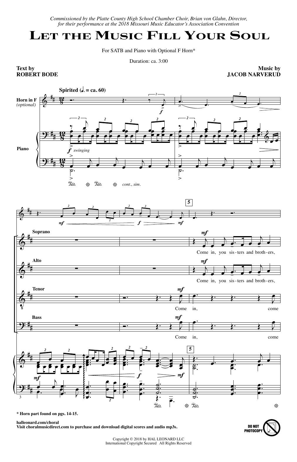 Download Jacob Narverud Let The Music Fill Your Soul Sheet Music and learn how to play TTBB Choir PDF digital score in minutes