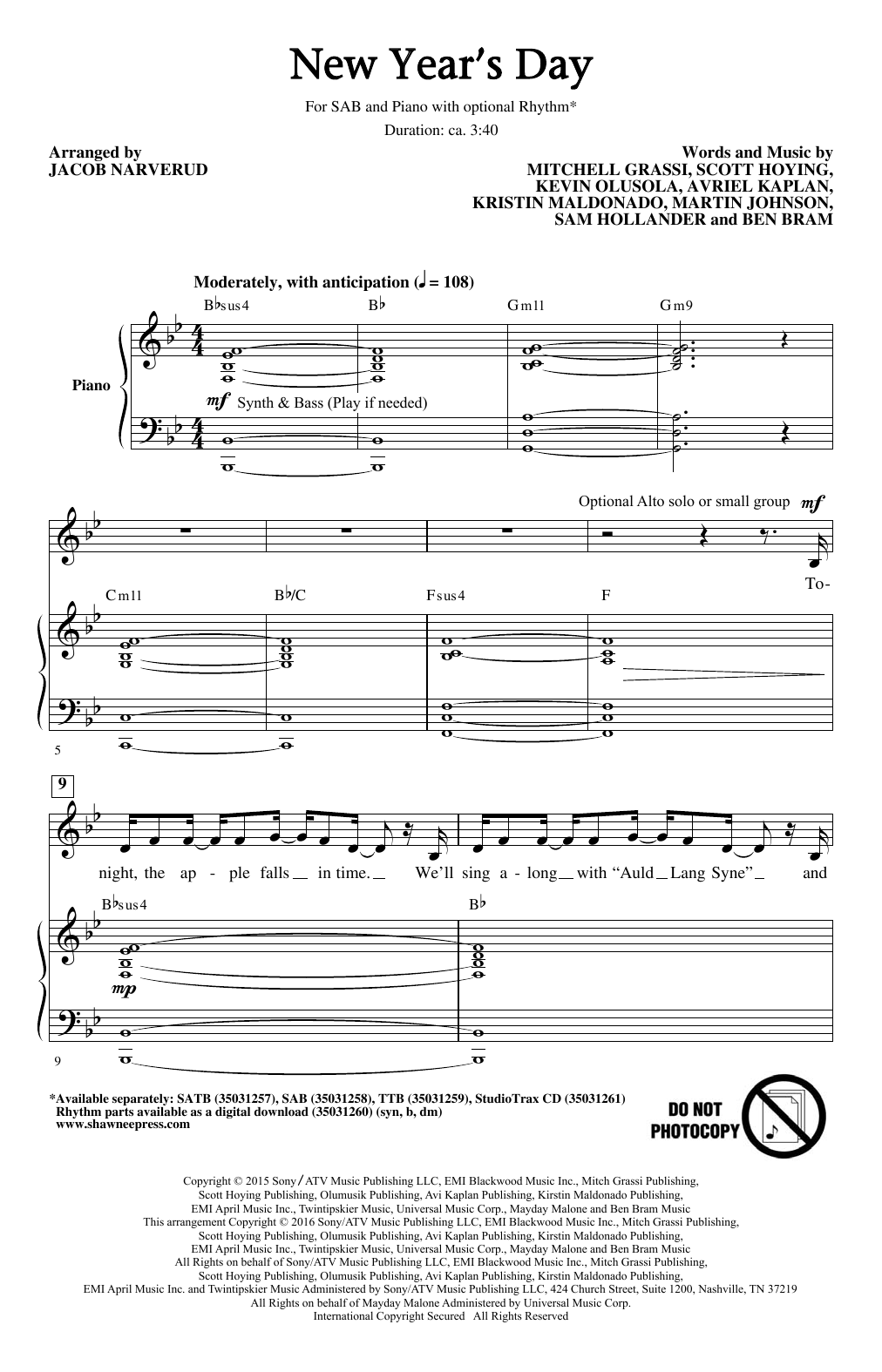 Download Jacob Narverud New Year's Day Sheet Music and learn how to play TTBB PDF digital score in minutes
