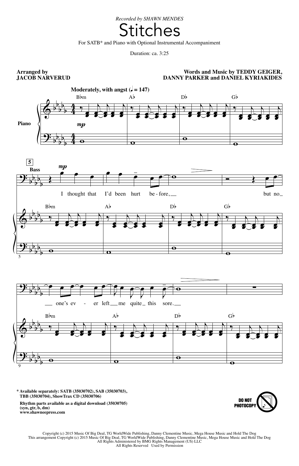 Download Shawn Mendes Stitches (arr. Jacob Narverud) Sheet Music and learn how to play TBB PDF digital score in minutes