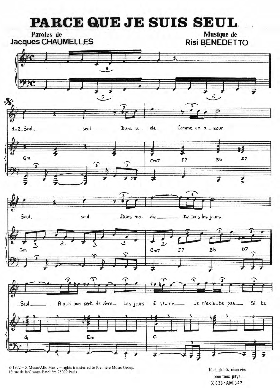 Download Jacob Parce Que Je Suis Seul Sheet Music and learn how to play Piano & Vocal PDF digital score in minutes
