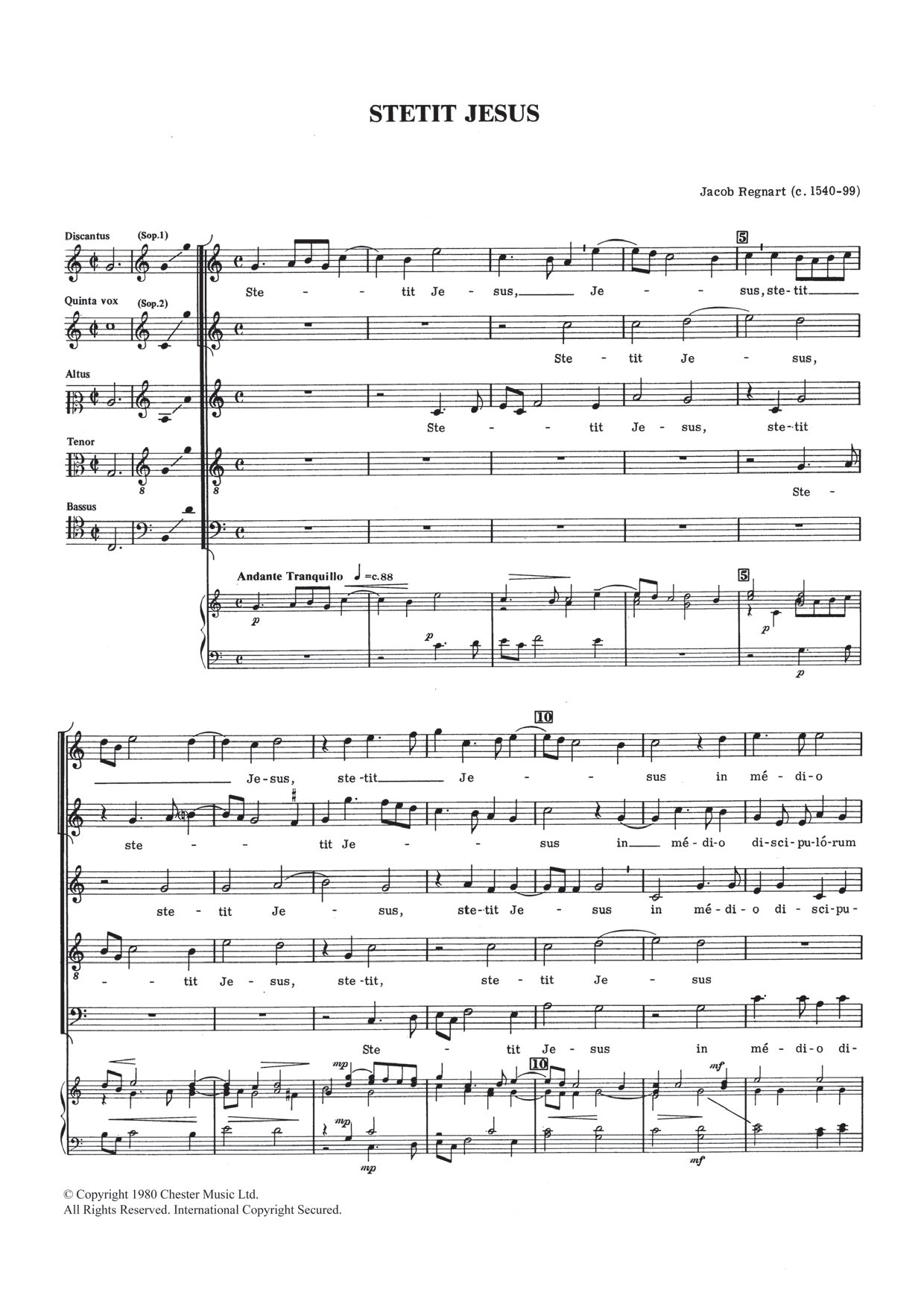 Download Jacob Regnart Stetit Jesus Sheet Music and learn how to play Choral SAATB PDF digital score in minutes