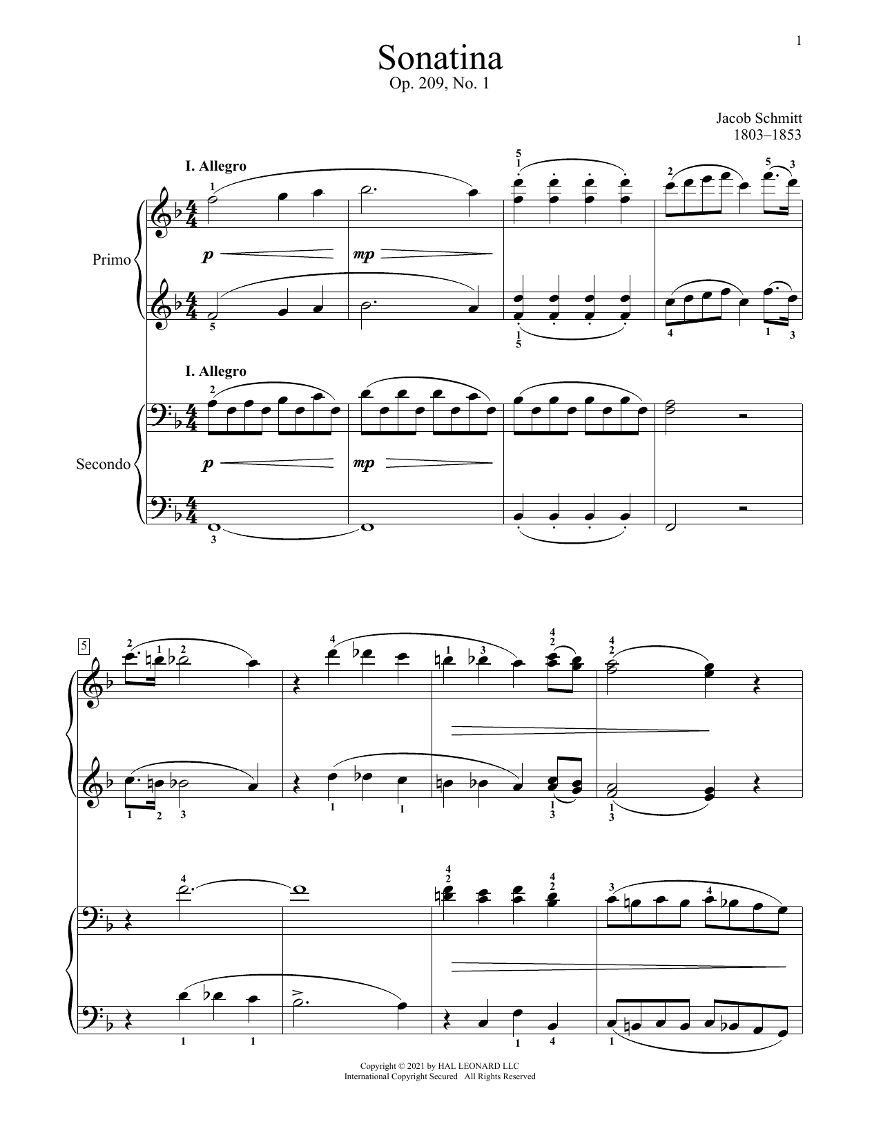 Download Jacob Schmitt Sonatina, Op. 209, No. 1, I. Allegro Sheet Music and learn how to play Piano Duet PDF digital score in minutes