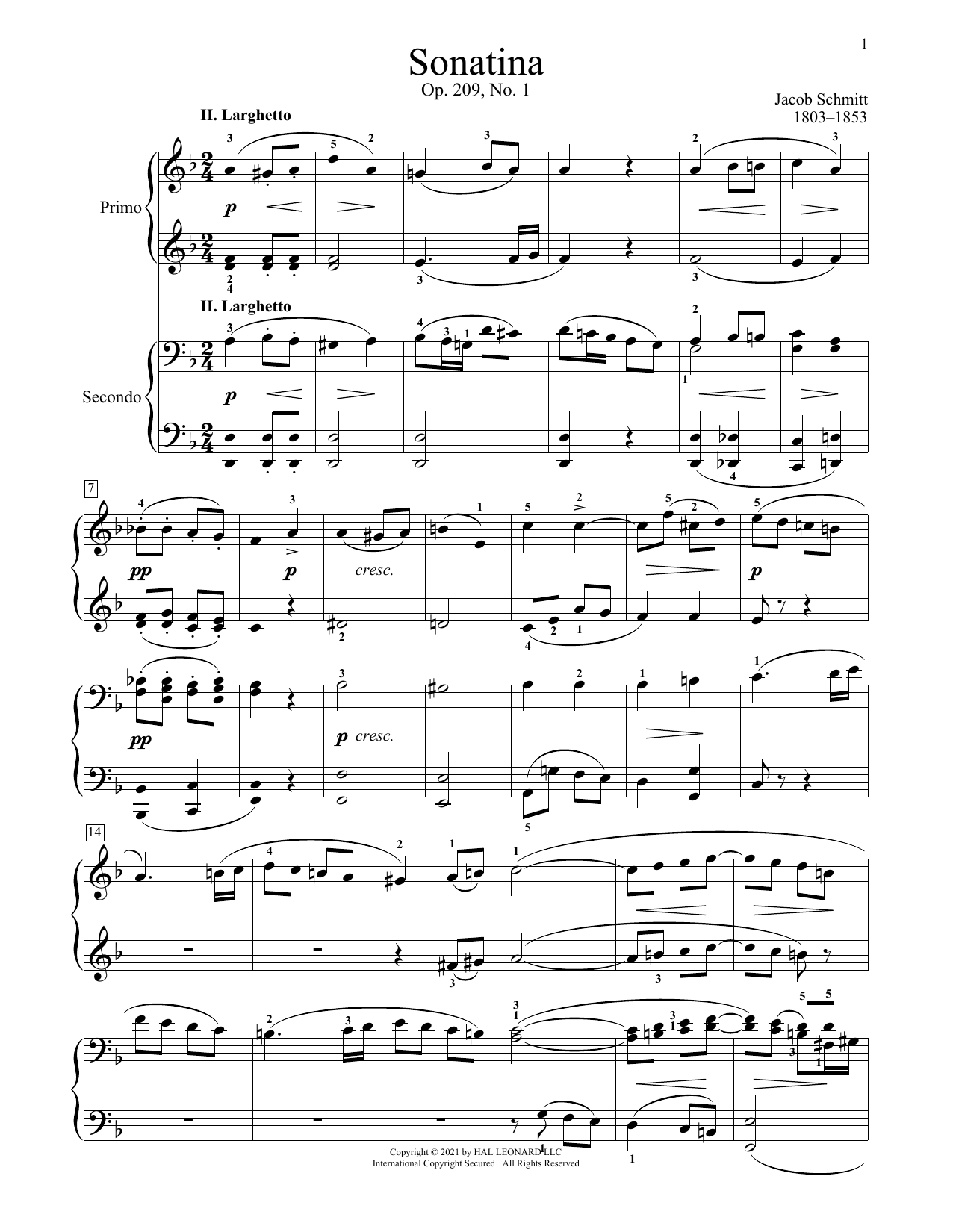 Download Jacob Schmitt Sonatina, Op. 209, No. 1, II. Larghetto Sheet Music and learn how to play Piano Duet PDF digital score in minutes