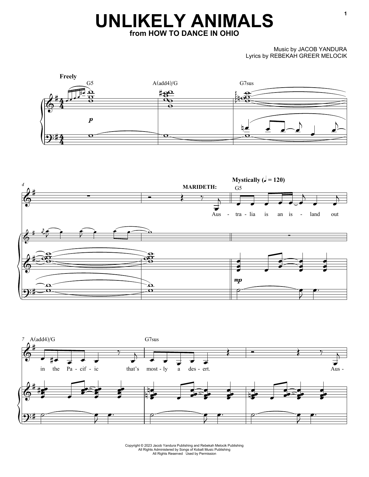 Download Jacob Yandura & Rebekah Greer Melocik Unlikely Animals (from How To Dance In Ohio) Sheet Music and learn how to play Piano & Vocal PDF digital score in minutes