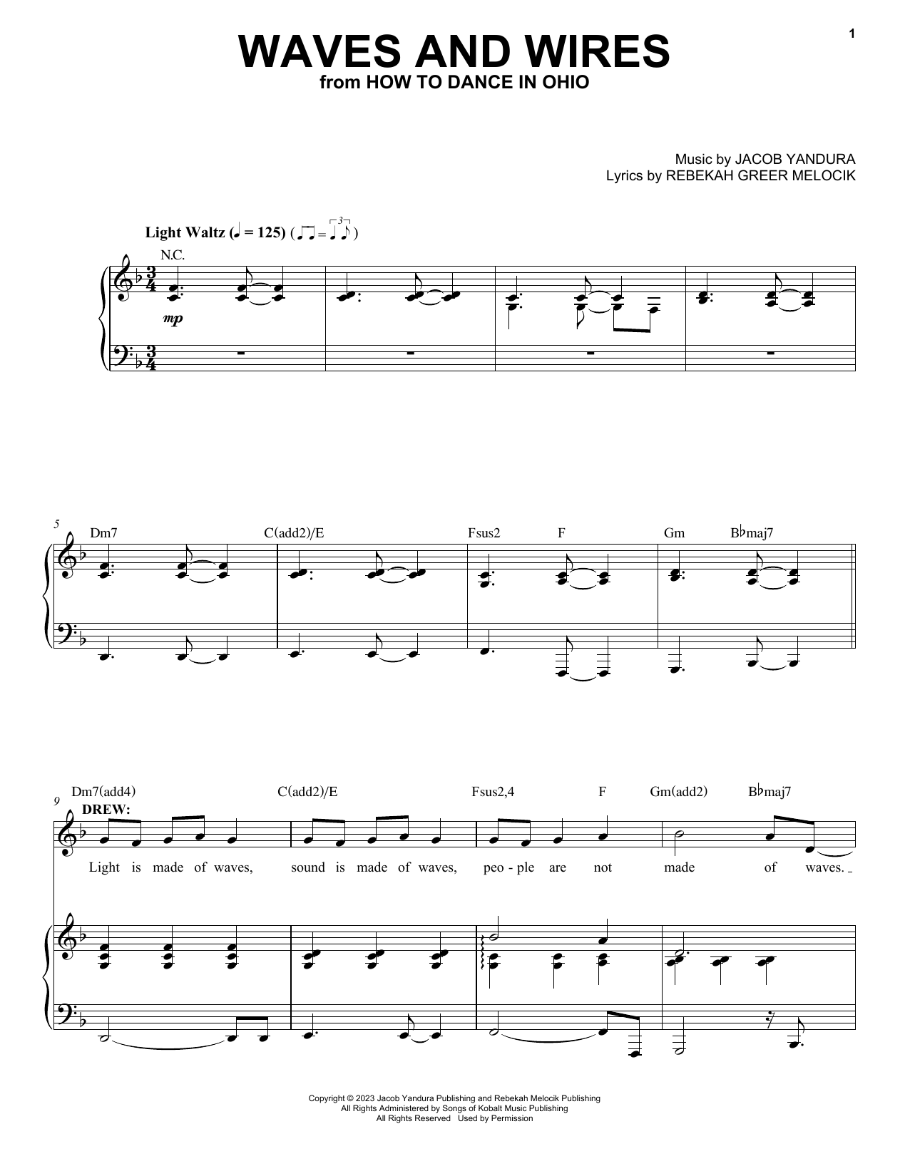 Download Jacob Yandura & Rebekah Greer Melocik Waves And Wires (from How To Dance In Ohio) Sheet Music and learn how to play Piano & Vocal PDF digital score in minutes