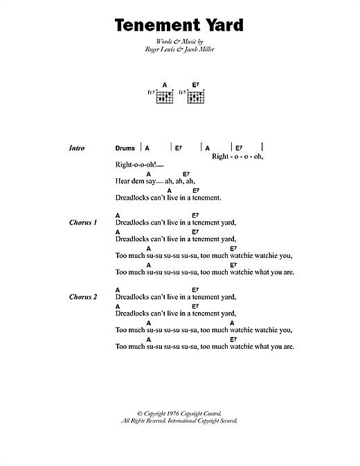 Download Jacob Miller Tenement Yard Sheet Music and learn how to play Lyrics & Chords PDF digital score in minutes