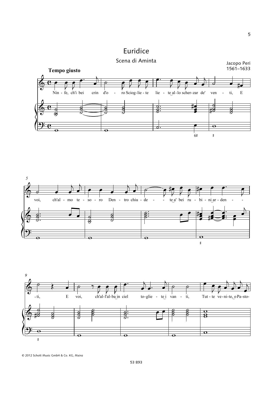 Download Jacopo Peri Ninfe, ch'i bei crin d'oro Sciogliete Sheet Music and learn how to play Piano & Vocal PDF digital score in minutes