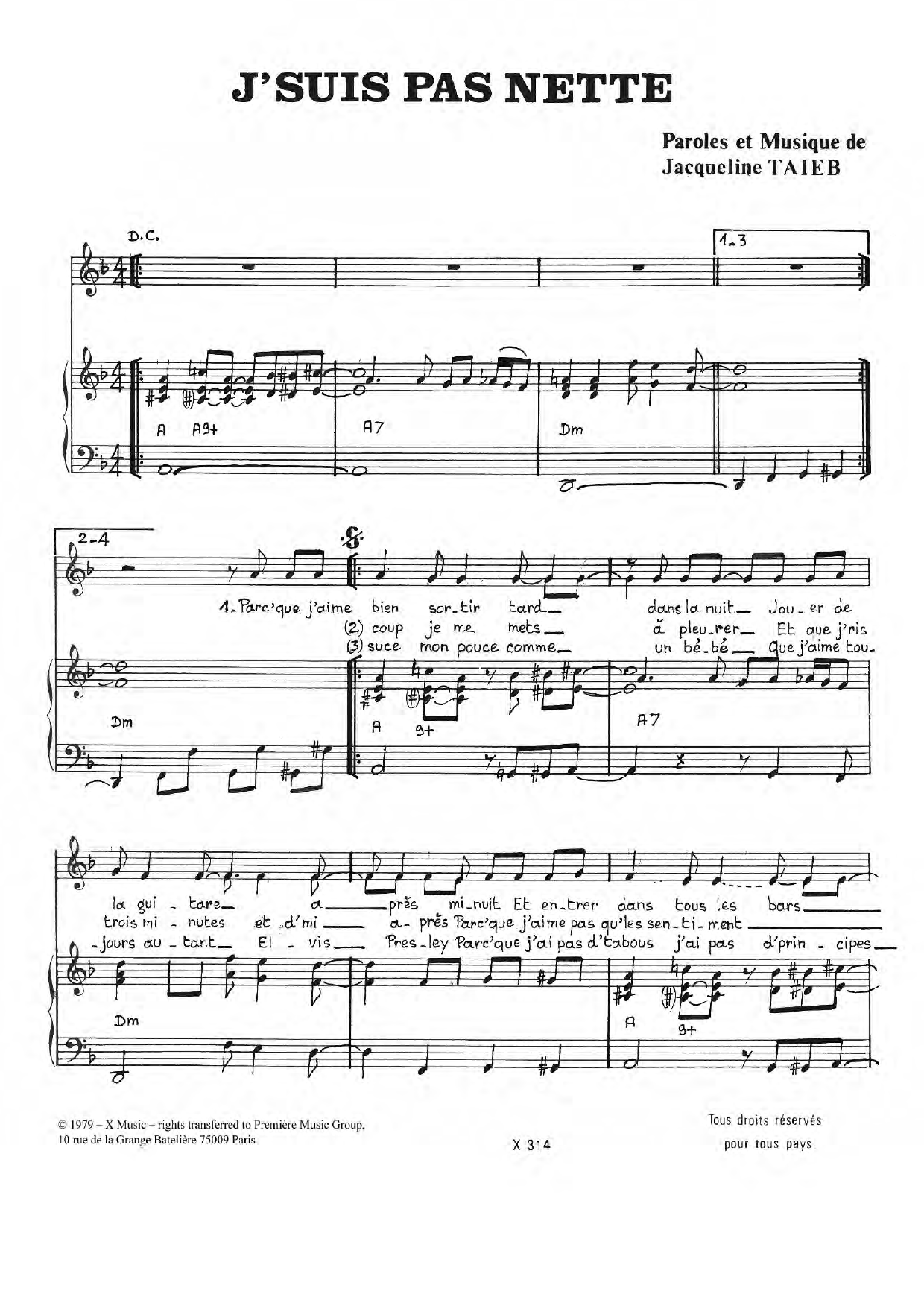 Download Jacqueline Taieb J'suis Pas Nette Sheet Music and learn how to play Piano & Vocal PDF digital score in minutes