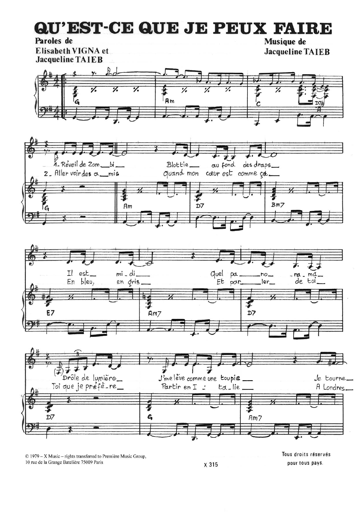 Download Jacqueline Taieb Qu'est-Ce Que J'peux Faire Sheet Music and learn how to play Piano & Vocal PDF digital score in minutes