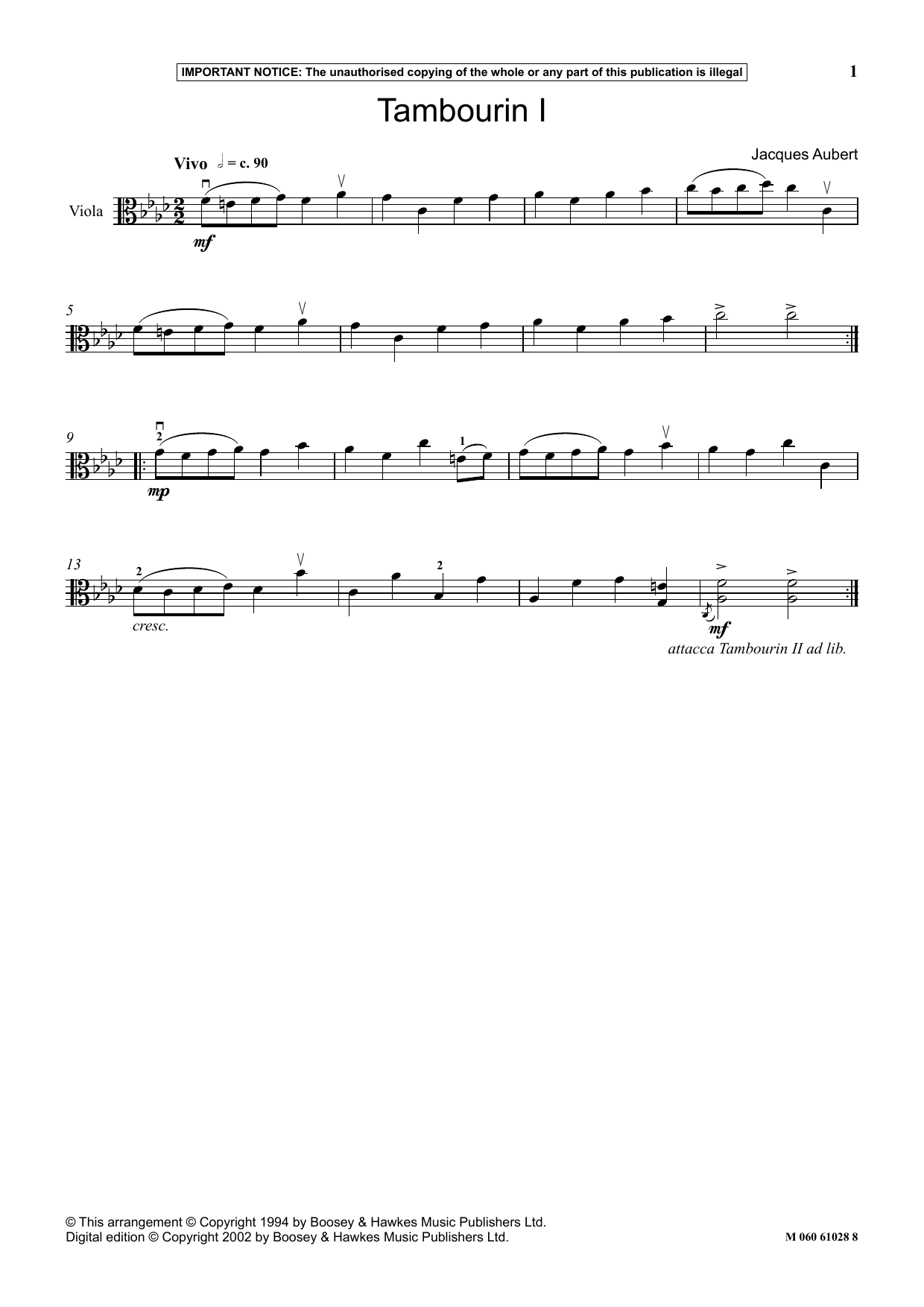 Download Jacques Aubert Tambourin I Sheet Music and learn how to play Instrumental Solo PDF digital score in minutes