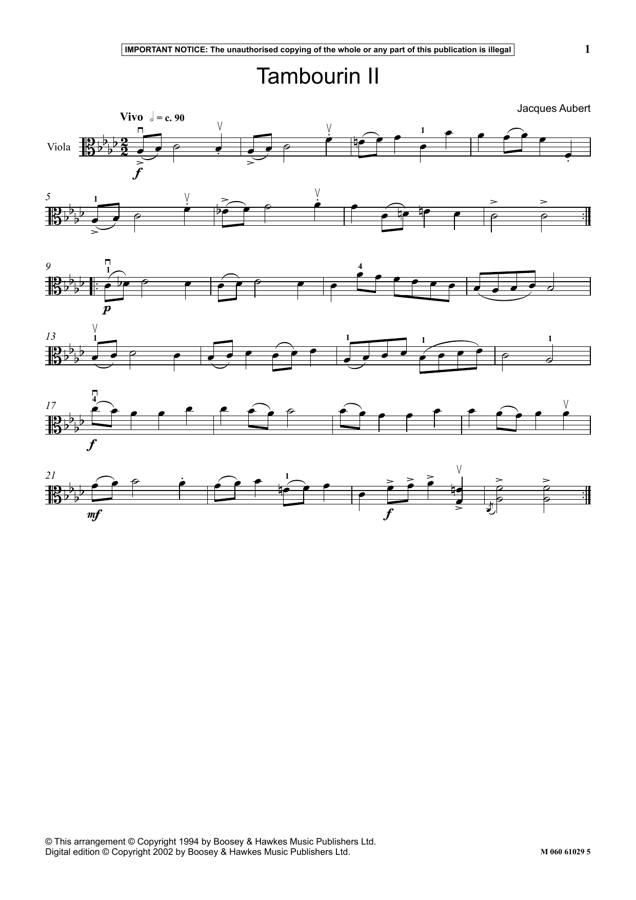 Download Jacques Aubert Tambourin II Sheet Music and learn how to play Instrumental Solo PDF digital score in minutes