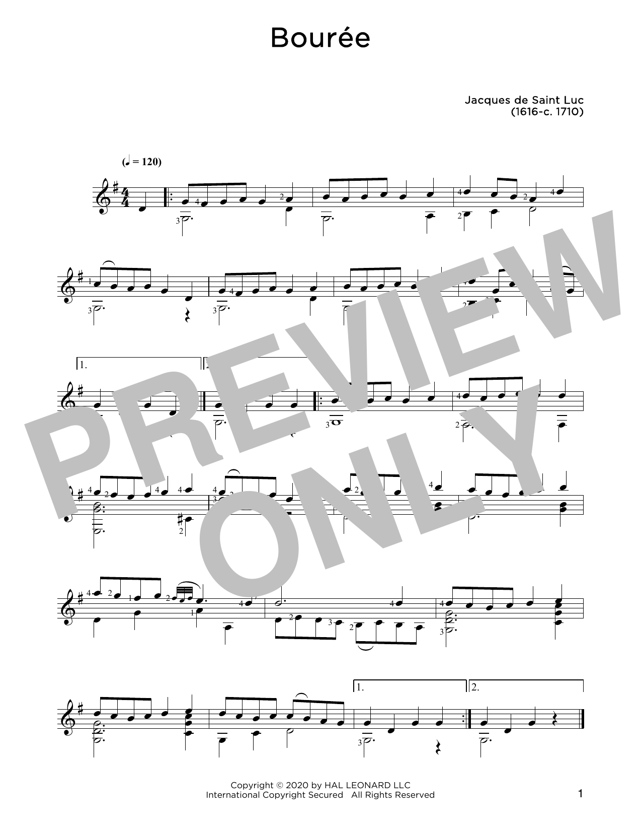 Download Jacques de Saint Luc Bouree Sheet Music and learn how to play Solo Guitar PDF digital score in minutes