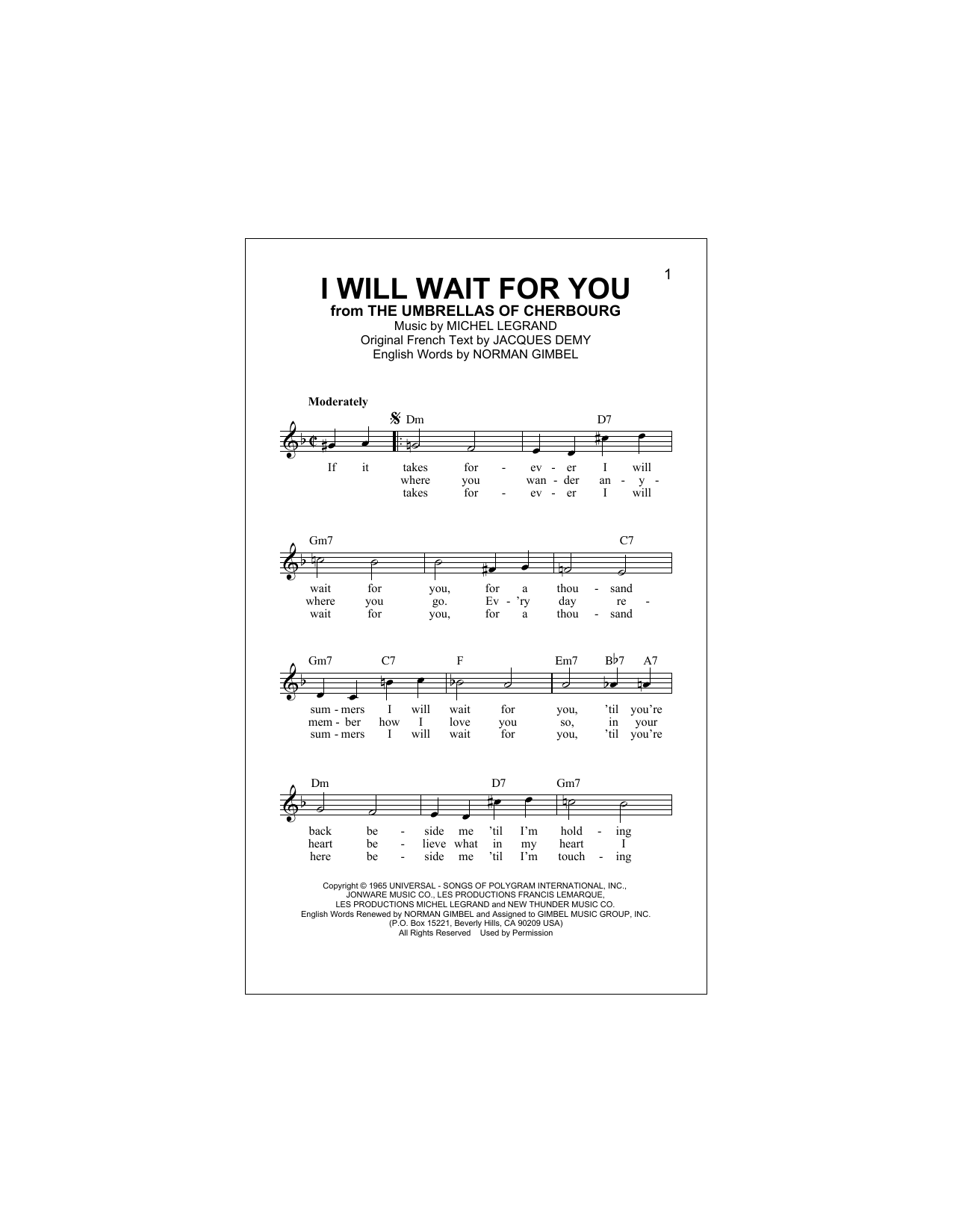 Download Jacques Demy I Will Wait For You Sheet Music and learn how to play Melody Line, Lyrics & Chords PDF digital score in minutes