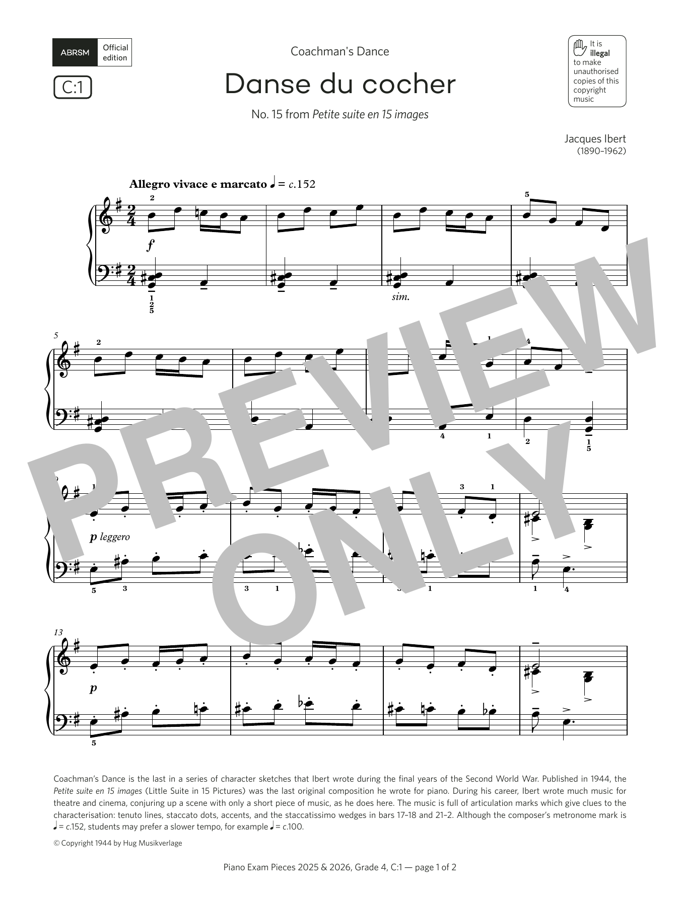 Download Jacques Ibert Danse du cocher (Grade 4, list C1, from the ABRSM Piano Syllabus 2025 & 2026) Sheet Music and learn how to play Piano Solo PDF digital score in minutes